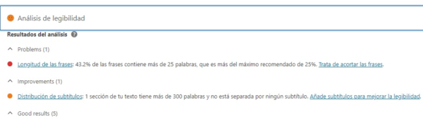 Captura de un análisis de legibilidad de Yoast SEO
